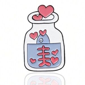 Little Fish in Jar with Hearts Enamel Lapel Pin Brooch, Super Cute Fun Gift!